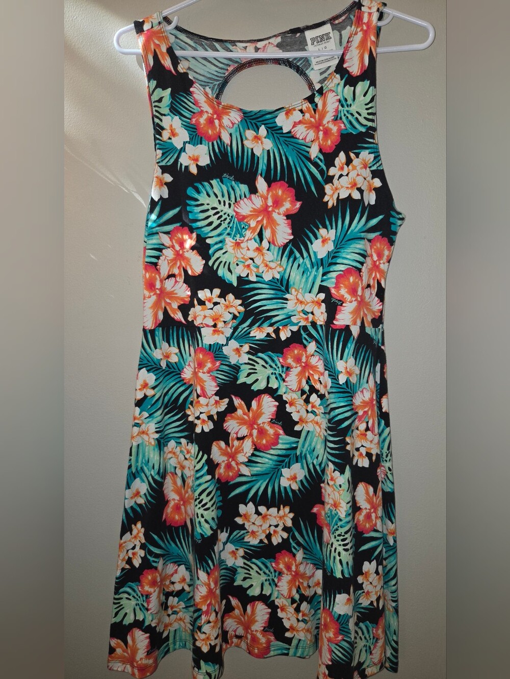 PINK Black Tropical Floral Tank Dress With Back Cutout Large